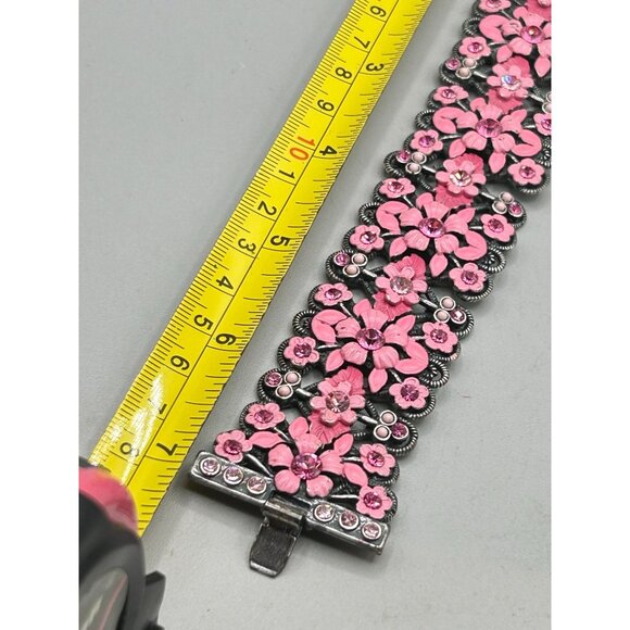 MX Signature Enamel Flowers Bracelet Pink Vintage Designer Signed 80s Jewelry - Picture 7 of 8